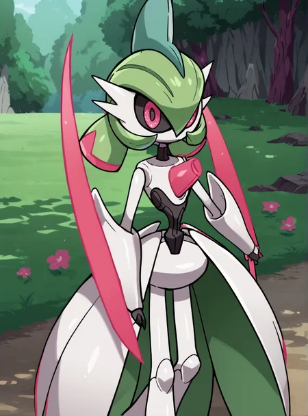 score_9, score_8_up, score_7_up,score_6_up, score_5_up, score_4_up, source_anime ,anime screencap, <lora:IronValiant:0.8>ironvaliantsv, pokemon (creature), solo, green hair, standing, colored skin, white skin, pink eyes, arm blade, colored sclera,outdoors, absurdres,