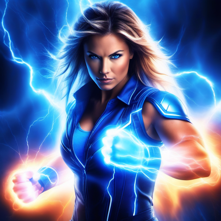 lighting_thunder, solo,looking at viewer,glowing,electricity,glowing hair,blue eyes,shirt,gloves,1girl,upper body,female focus,muscular,facial hair,muscular female,blue theme<lora:electricity:0.7>