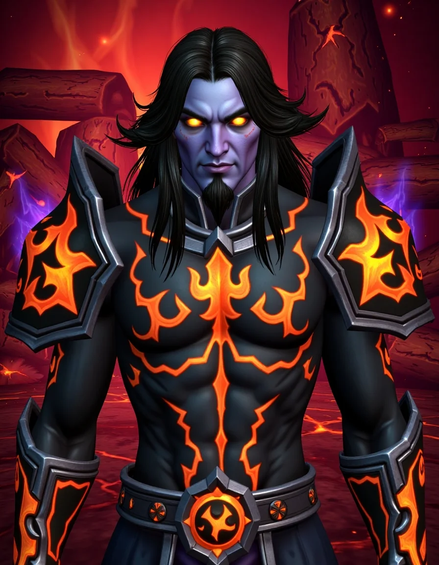 WOW_Character_Style, Extreme close-up portrait of Hades, cropped from upper chest to mid-forearm. His eyes glow with a deep, fiery orange, full of ancient wisdom and an unrelenting power. His dark, ashen skin contrasts with the flickering flames that seem to constantly emanate from his body. Long, shadowy black hair flows behind him like smoke, and his expression is one of cold authority and menace. He wears a black, jagged plate armor, adorned with fiery red runes that pulse with the energy of the underworld. The frame's top edge highlights massive, flame-wreathed pauldrons. Image cuts off at mid-forearm, revealing glowing, molten veins running through the armor. Hands out of frame. The background suggests the fiery depths of the Blackrock Depths, with molten lava rivers and crumbling, charred stone formations. [Composition: Tight 85mm lens effect, compress perspective to naturally exclude extremities.]