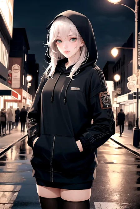 (masterpiece, best quality, high quality, highres, ultra-detailed),
solo, green eyes, hood, long hair, street lights, looking at viewer, outdoors, hood down, building, sign, night, hands in pockets, city, thighhighs, white hair, bangs, scenery, long sleeves, skyscraper, jacket, pantyhose, cityscape, black thighhighs,
<lyco:NijiJourney-LyCoris-V6:0.8>, AS-Adult, Asian-Less, OverallDetail, SkinHairDetail,