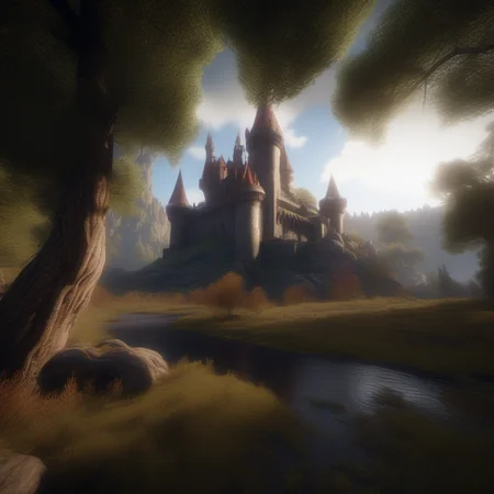 An aspect ratio, 21:9 aspect ratio, masterpiece Breathtaking 8k Unreal Engine, a castle nestled in fields and woods that looks like a (intricate detail, hyper detail, gothic vampire lair: 1. 5), with a small river flowing near the castle, (sharp focus), HDR, global lighting, volumetric lighting, day lighting, cinematic lighting High Definition, Best Quality, (Natural Textures, Surrealism, Sharp: 1.2), (Sharp Focus: 1.2), Volumetric Fog, Caustics <lora:Dark Fantasy:1> maxfield parrish lighting