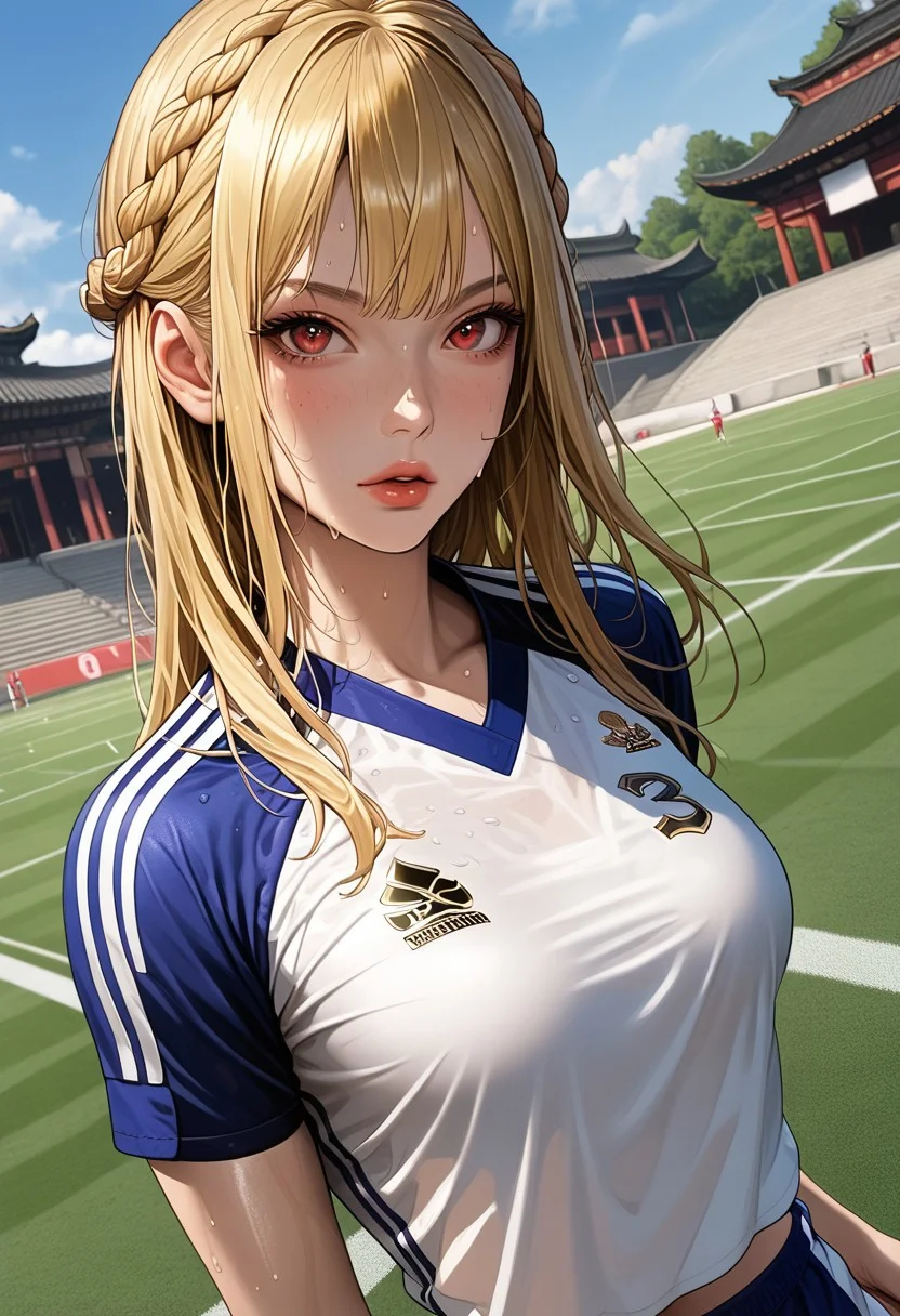 long length hair, golden hair, crown braid, half up and down hairstyle, bright red eyes, oval face, sun-kissed skin with a sprinkling of freckles, slim body, medium high, expressive eyebrows, full lips, small breast, detailed background, chinese temple,
outdoor, football field, running after football, sweating, tricot, sportswear, football, sweating, cowboy shot, dutch angle, looking at viewer,