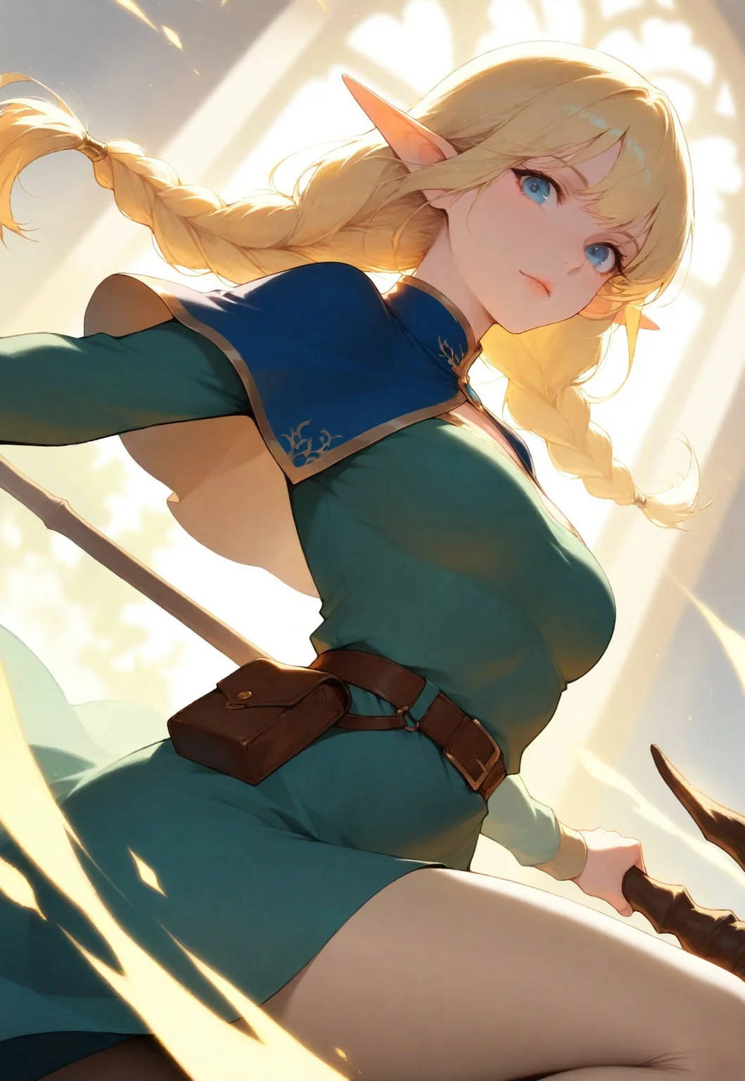 volumetric lighting, ambient occlusion, luminescent background, masterpiece, best quality, absurdres,masterpiece, best quality, very awa, absurdres,,mage
BREAK
dynamic pose,dynamic angle,upper body focus, close-up, cinematic angle, looking at viewer
BREAK
1girl,elf,blonde hair,long hair,braid,twin braids, pointy ears, blue eyes, side capelet, dress,pouch,staff,beige pantyhose,