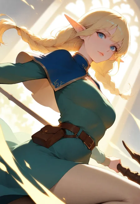 volumetric lighting, ambient occlusion, luminescent background, masterpiece, best quality, absurdres,masterpiece, best quality, very awa, absurdres,,mage
BREAK
dynamic pose,dynamic angle,upper body focus, close-up, cinematic angle, looking at viewer
BREAK
1girl,elf,blonde hair,long hair,braid,twin braids, pointy ears, blue eyes, side capelet, dress,pouch,staff,beige pantyhose,