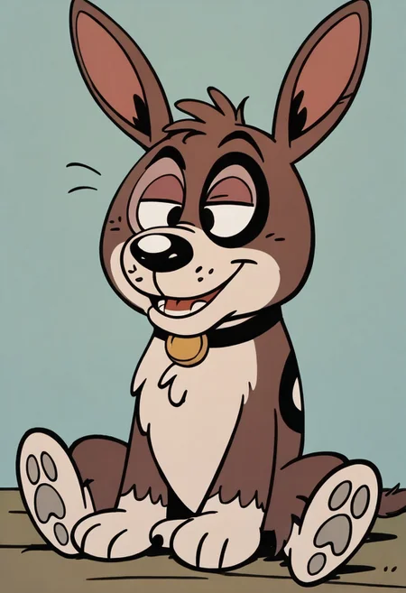 (score_9 | score_8_up | score_7_up) ((masterpiece:1))(best quality,very high quality,ultra detailed:1.2) (2D,cartoon style,anime style)(Smooth:2)(clean blurring) (four fingers on each hand,one thumb on each hand:1), solo, charles, dog, black spot on left eye, white fur, paw, dog paws, donkey dog hybrid, Full Donkey, half donkey, donkey head, donkey ears, donkey tail,