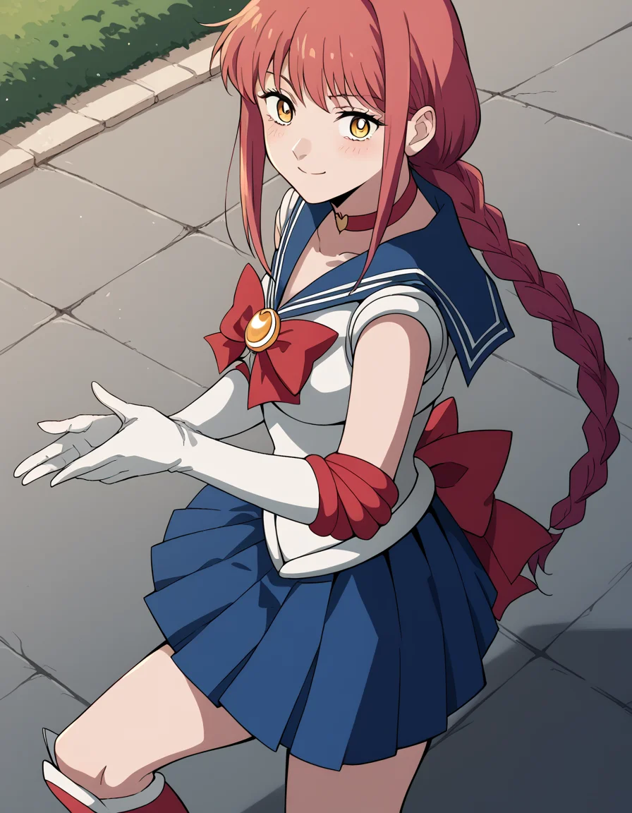 score_9, score_8_up, score_7_up, source_anime, makima, <lora:chainsaw-man-makima-s1-ponyxl-lora-nochekaiser:1> makima, long hair, smile, bangs, yellow eyes, braid, red hair, braided ponytail, ringed eyes,, <lora:sailor-moon-cosplay-ponyxl-lora-nochekaiser:1>, sailormooncosplay, sailor moon \(cosplay\), back bow, blue sailor collar, blue skirt, boots, bow, brooch, choker, crescent moon, elbow gloves, gloves, jewelry, knee boots, magical girl, pleated skirt, red bow, red choker, ribbon, sailor collar, sailor senshi uniform, skirt, white gloves,,, outdoors, streets, smile, blush,, cowboy shot, dutch angle, solo,