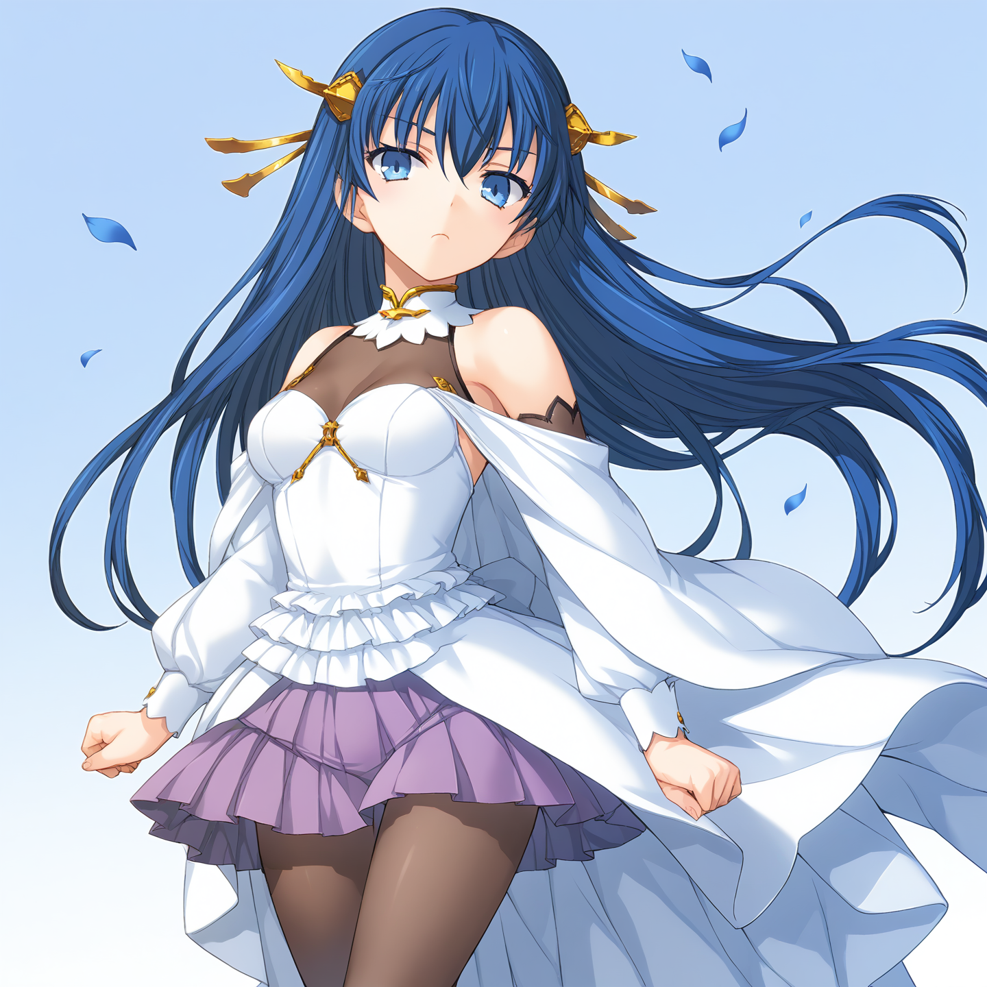 score_9,score_8_up,score_7_up,score_6_up,score_5_up,score_4_up,<lora:Rance_10_Ria_Parapara_Leazas_2_1:1>,Rance_10_art,1girl,solo,Ria_Parapara_Leazas,blue hair,blue eyes,long hair,white dress,capelet,black pantyhose,bare shoulders,purple skirt,serious,standing,simple background,falling petals,blue petals,fist shaking,