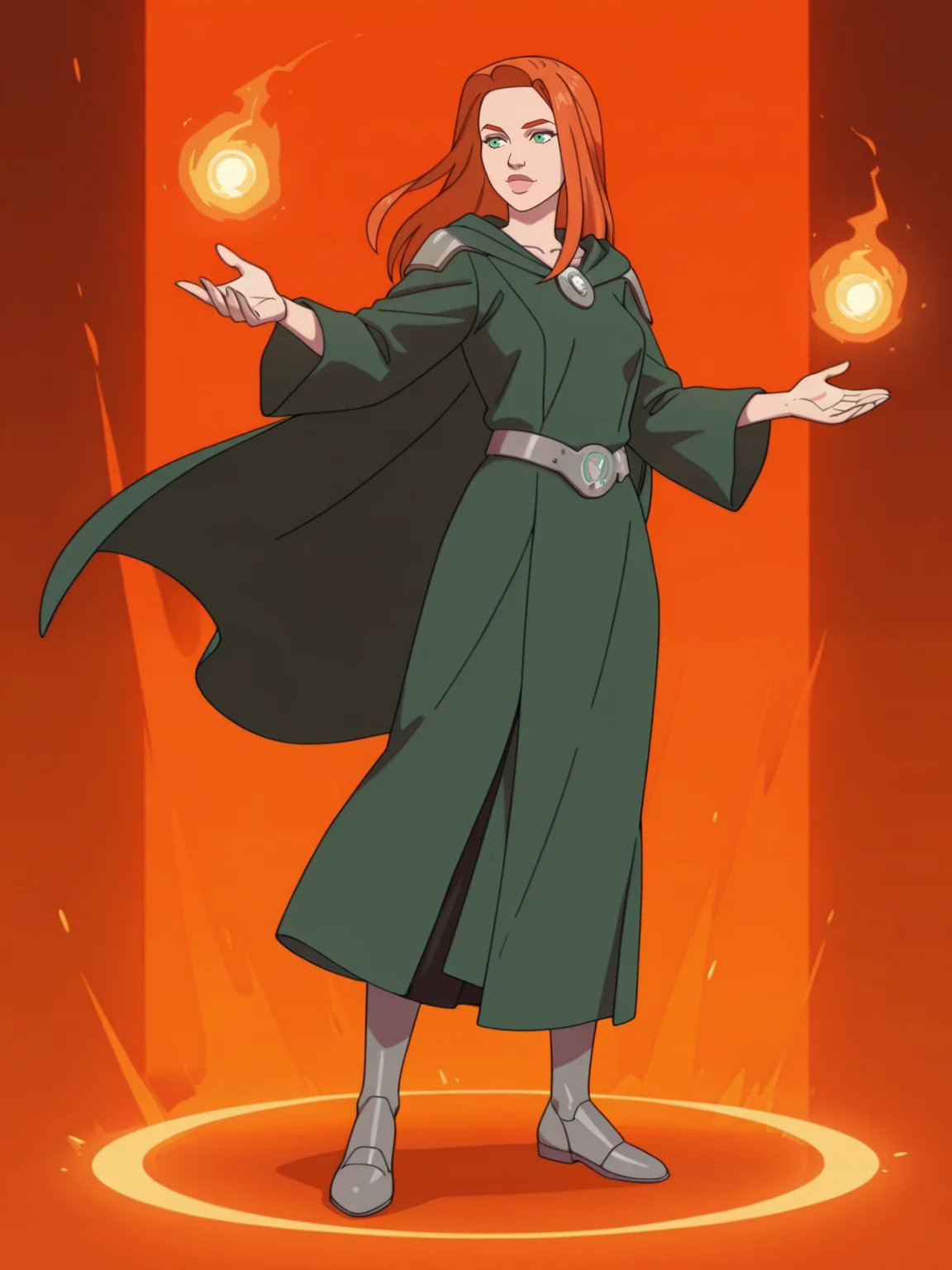 <lora:Atomic_EvaIL:1> a_e, 1girl, long hair, ginger hair, green eyes,
magic, magic robe, steel armor,glowing liens, fireball, action, full body, glowing background, magic background