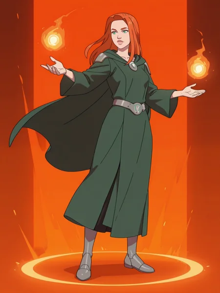 <lora:Atomic_EvaIL:1> a_e, 1girl, long hair, ginger hair, green eyes,
magic, magic robe, steel armor,glowing liens, fireball, action, full body, glowing background, magic background