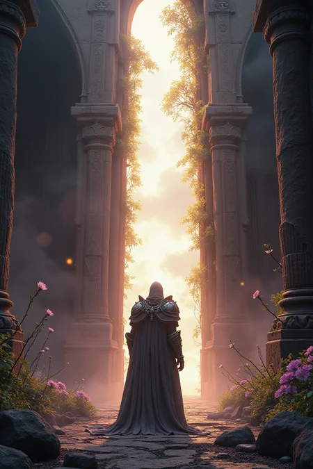 A captivating cinematic shot of a weathered death knight standing in front of an ancient, towering stone tomb, enveloped in total darkness. His armor, adorned with centuries of dust, emanates a corrupted aura. Defying expectations, the knight casts a powerful holy spell, unleashing a radiant white light that illuminates the tomb's intricate wall carvings and fills the air with shimmering energy. As the light penetrates the darkness, vines and flowers begin to sprout from the cracked stone, signaling a sense of rebirth.
Soft, fluffy textures dance across the screen, with each pixel appearing as a tiny cloud of vibrant, mesmerizing colors. The scene transitions from warm hues, such as golden sunshine and rosy pinks, to deep purples, creating a cohesive and enchant, cinematic, portrait photography, poster