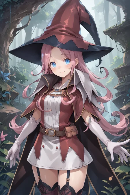 score_9, score_8_up, score_7_up, score_6_up, source_anime, BREAK, <lora:Pamela:0.85> pamdef, 1girl, pink hair, long hair, blue eyes, witch hat, white skirt, witch outfit, white elbow gloves, cape, black zettai ryouiki, thighhighs, garter straps, boots, cowboy shot, looking at viewer, smile, happy, scenery, exterior, outdoors, forest, jungle, <lora:backgroundsetXL:0.25> , background, <lora:ExobeloStyle:0.95>