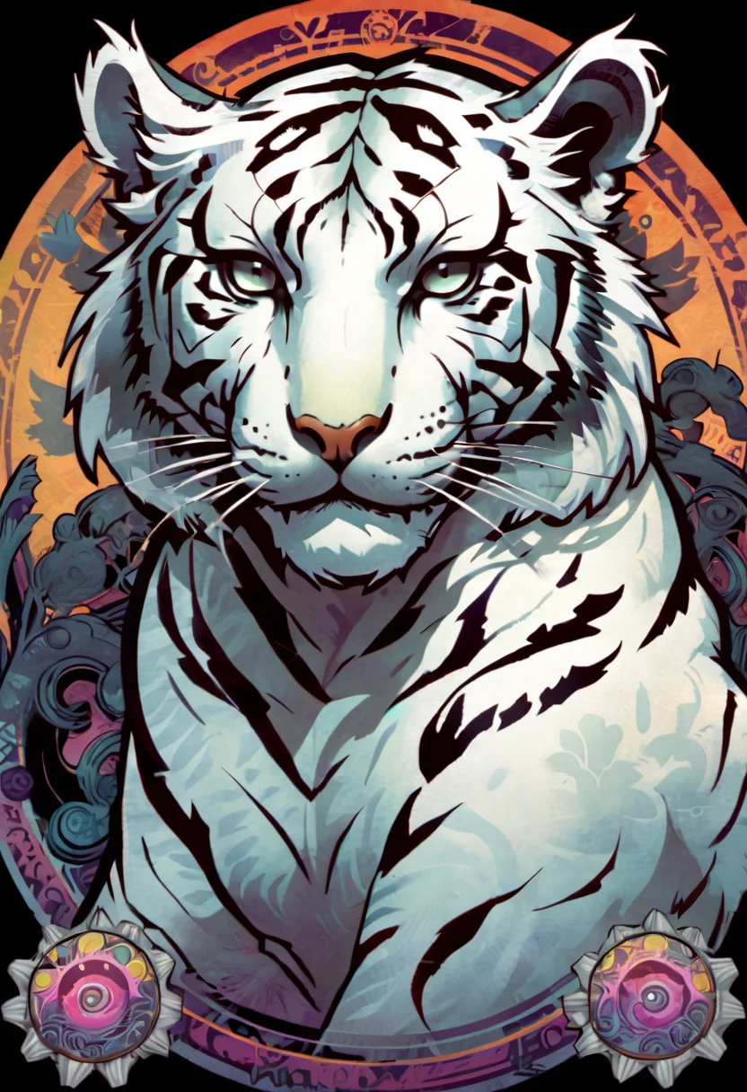 ccxl-mucha, art style, white tiger, Psychedelic art drdjns style, comic book artwork in dgst artstyle <lora:ccxl-mucha_lora_vA1:0.75> <lora:drdjns:0.75> <lora:SDXL1.0_Essenz-series-by-AI_Characters_Style_DarkestDungeonChrisBourassa-v1.1:0.95>