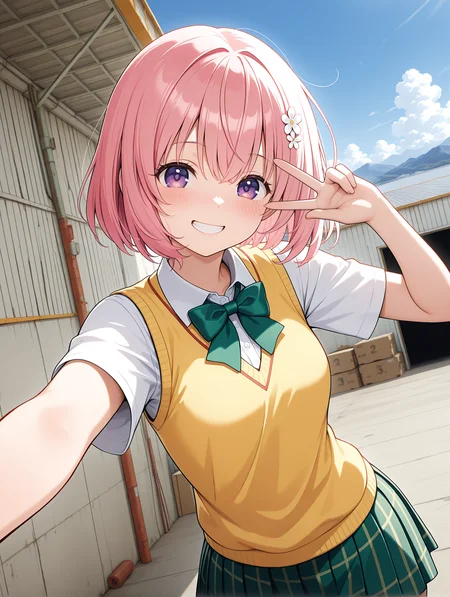 masterpiece,best quality,newest,
1girl,solo,
<lora:solas_ilxl_v1:1>,w_h,blue sky,warehouse,outer wall,mountain,
<lora:Fixhands_anime_bdsqlsz_V1:1>,<lora:momo_ilxl_v1.8:1>,momo,pink hair,purple eyes,short hair,h_o,hair ornaments,m_clothes,short sleeve blouse,yellow vest,green bowtie,green plaid skirt,v over eye,leaning_forward,looking_at_viewer,grin,light_blush,cinematic_angle,dynamic_angle,dutch angle,wide_shot,landscape,upper_body,
