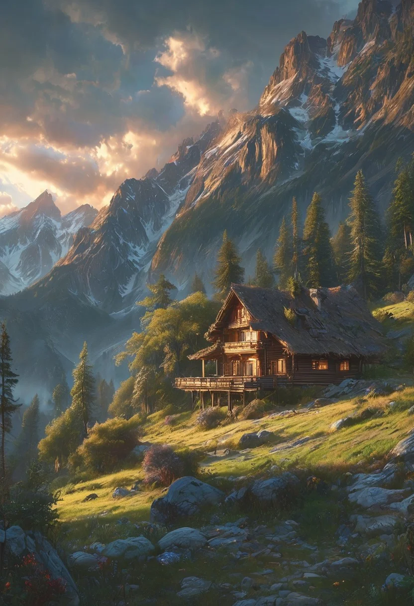 A captivating twilight scene illustration featuring a beautiful log chalet on a great mountain. This enchanting artwork captures a serene and peaceful early morning, where the sun is just starting to rise over the beautiful tree covered mountain range and log cabin chalet which stands resolute amidst the great mountains, creating a cinematic experience., illustration, cinematic
<lora:DonM3t3rn1tyXL-v1.1:0.7>, DonM3t3rn1tyXL,
OverallDetailXL <lora:MJ52:0.3> <lora:SDXLFaeTastic2400:0.4> <lora:EpicF4nta5yXL:0.7>