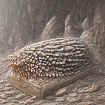 Dark Fantasy page, Inside a crypt. sluggirl,  undead, twitching, writhing. Walls made of flesh. Painting. Monster Manual. s34slug, 
zombie slug hybrid man monster.