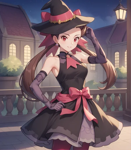 score_9,score_8_up,score_7_up,score_6_up,source anime BREAK, 1girl, solo,
looking at viewer, indoors, light smile, (seriious:0.5), standing, outdoors, night,
1girl, roxanne (pokemon), long hair, hair pulled back, twintails, brown hair, eyelashes, red eyes, medium breasts,
pokemon masters ex, witch hat, black dress, pînk pantyhose, jewelry, pink ribbon, black gloves, black headwear, off shoulder, bare shoulders, sleeveless dress, elbow gloves, open_dress,
<lora:roxanne_v1_0:1>