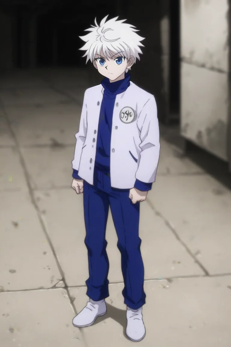 score_9, score_8_up, score_7_up, score_6_up, score_5_up, score_4_up, BREAK source_anime, (best quality:1.1), (masterpiece:1.4), looking at viewer, full body, depth of field, 1boy, solo, male focus, <lora:killua_zoldyck_pony:0.92>, killua_zoldyck, white hair, blue eyes, , shack, , <lora:sdxl_lightning_8step_lora:1>