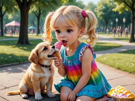 Photorealistic chibi art style,

a puppy licking an icecream cone in the park with a little blonde girl wearing a colorful sundress, pigtails, 

<lora:RMSDXL_Enhance:1>,
<lora:add-detail-xl:0.8>,
<lora:RMSDXL_Darkness_Cinema:1>,
