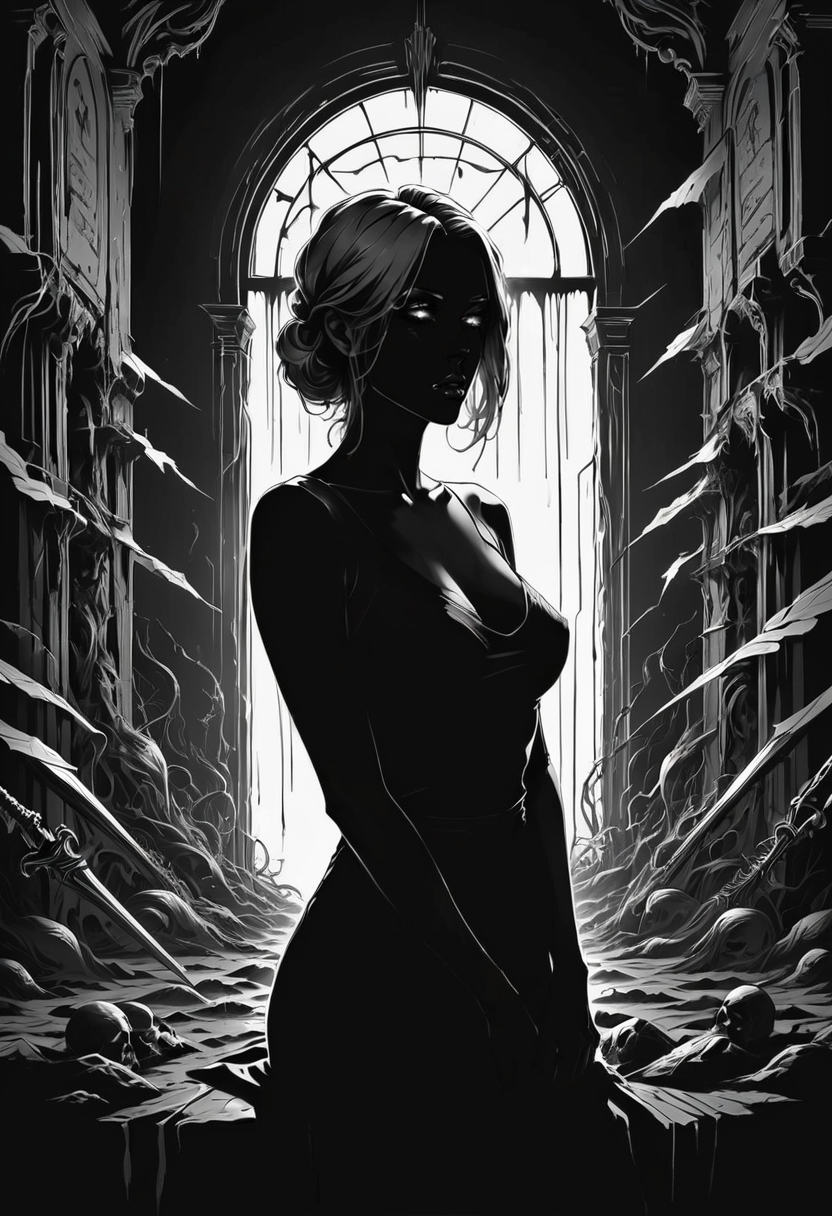 I feel the daggers in the dark, depression, alone, monochrome, pop of colors, extremely detailed, paranoid, mood, you make me fucking sad