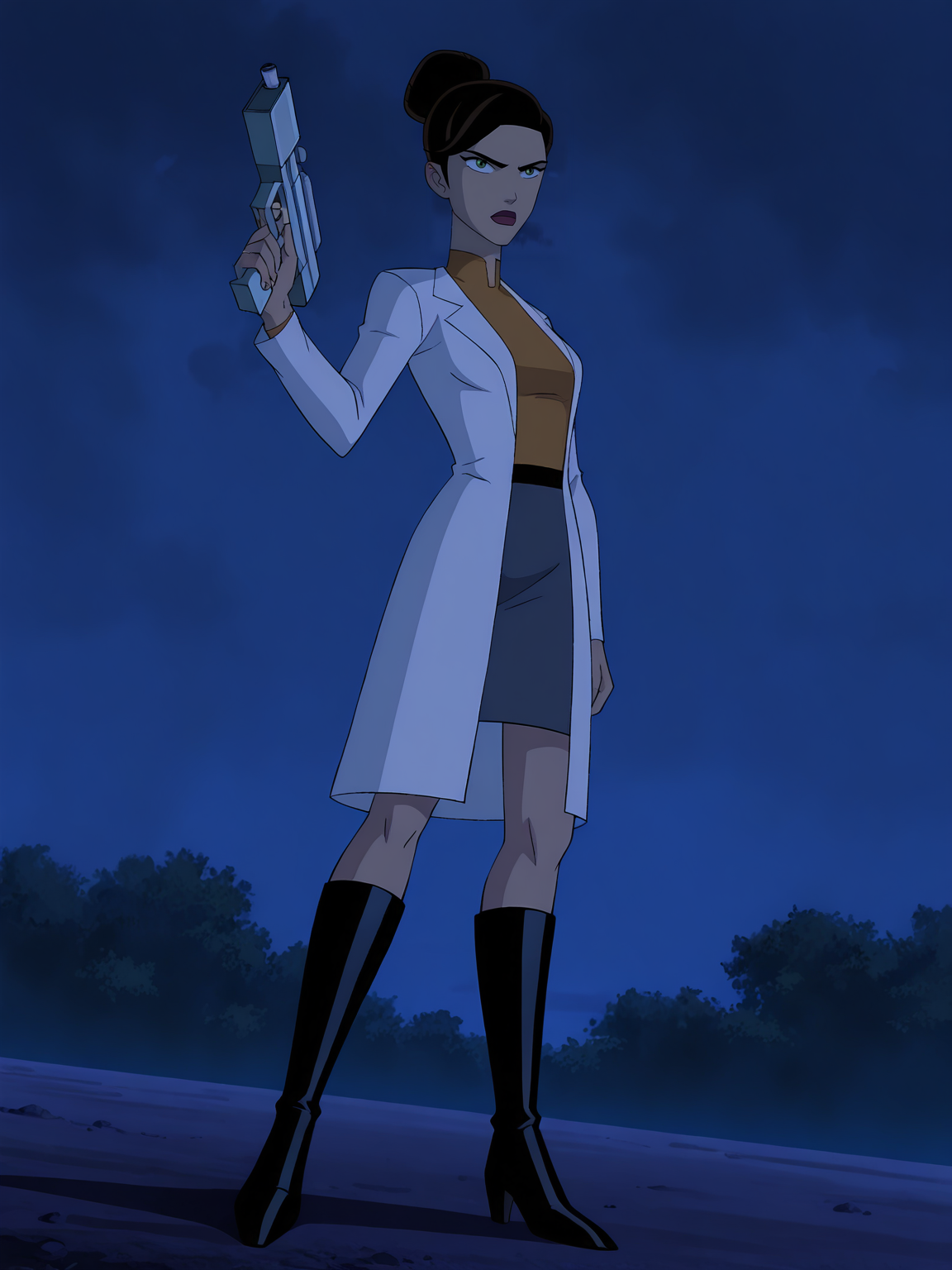 <lora:Rebecca_Holiday:0.8>, rebecca_holiday, 1girl, solo, green eyes, brown hair, hair bun, red lips, lab coat, shirt tucked in, black belt, pencil skirt, knee boots, serious, determined, closed mouth, looking afar, standing, arm at side, hand up, holding weapon, full body, outdoors, night, ground