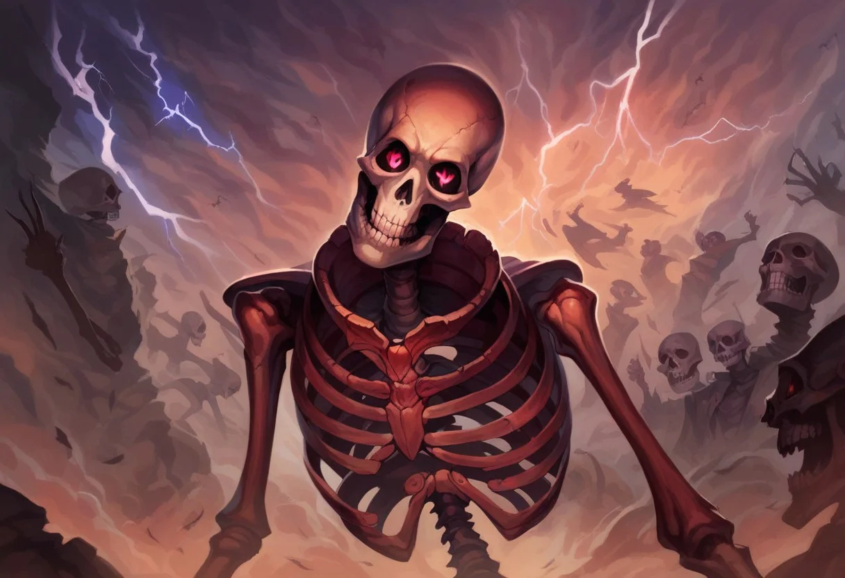 (((detailed, beautiful, high quality))), score_9, score_8_up, score_7_up, source_anime, skeleton, red glowing eyes, black sclera, a horde of skeletons, foggy, night time, realistic, dynamic lighting, lightning bolts
