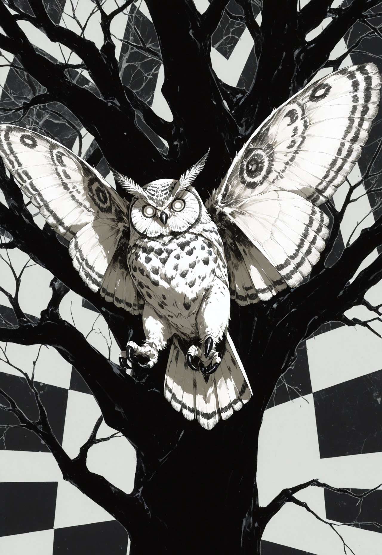 artist:shuini xiaomao,artist:nightcrow, murayama ryota, owl, talons, wings,, no humans, white eyes, moth over eye, motion lines, ((depth)), (checkerboard background:1.2), (((blending))), bare tree, animal focus, looking at viewer, abstract composition, high contrast,