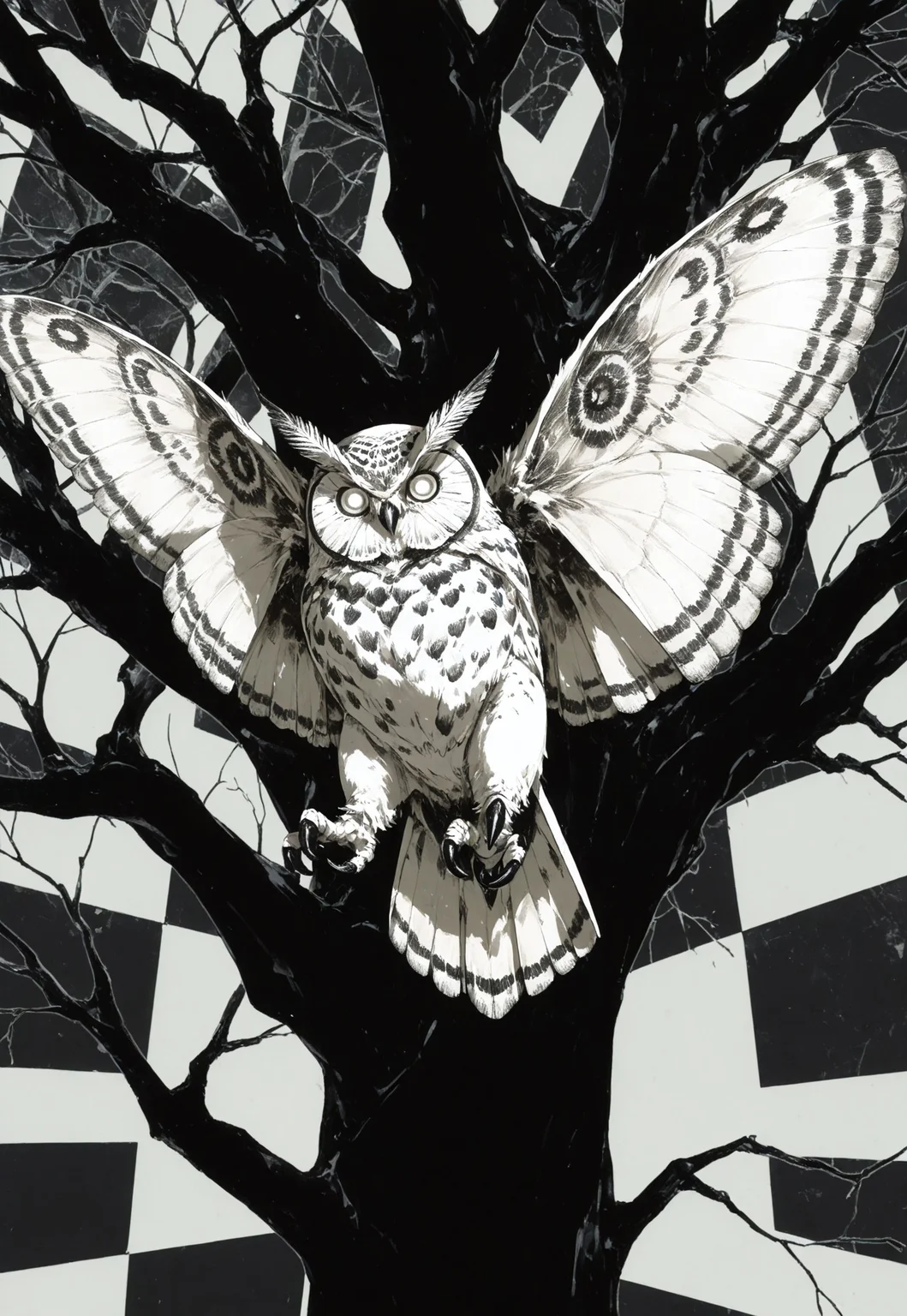 artist:shuini xiaomao,artist:nightcrow, murayama ryota, owl, talons, wings,, no humans, white eyes, moth over eye, motion lines, ((depth)), (checkerboard background:1.2), (((blending))), bare tree, animal focus, looking at viewer, abstract composition, high contrast,