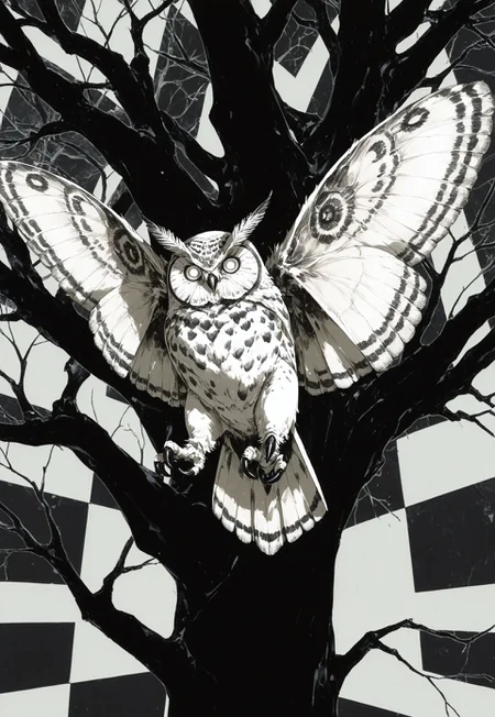 artist:shuini xiaomao,artist:nightcrow, murayama ryota, owl, talons, wings,, no humans, white eyes, moth over eye, motion lines, ((depth)), (checkerboard background:1.2), (((blending))), bare tree, animal focus, looking at viewer, abstract composition, high contrast,