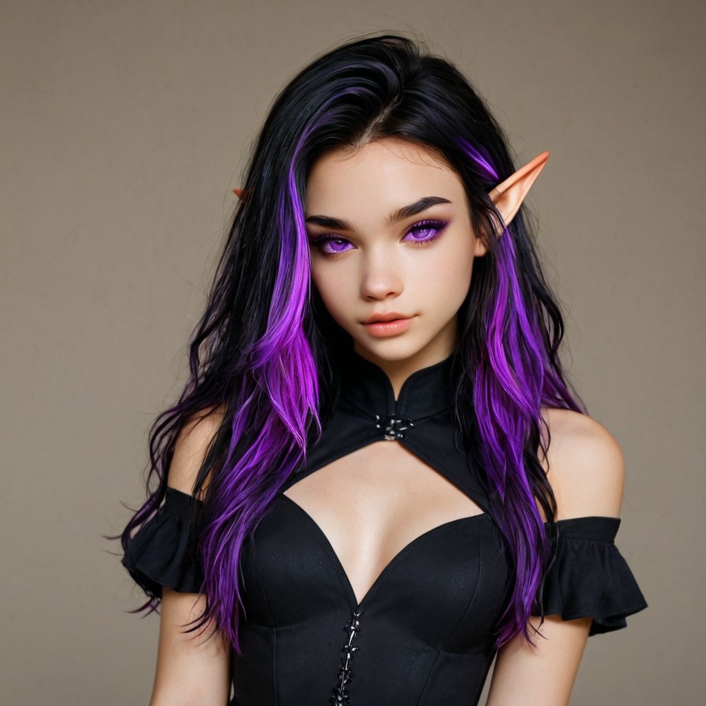 Isabella, wearing a black dress, sexy elf, black hair with purple highlights, long styled curly hair,