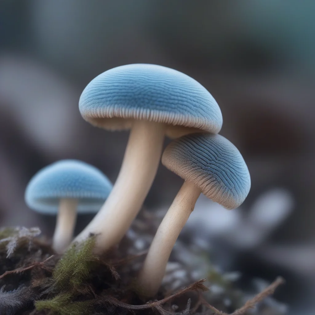 IceBlue Minuscule Disk-shaped Ribbed mushroom, Knotted, Fuzzy, Root Interlocking, Geothermal, Subcespitose, Self-illuminating, Snake Scale Pattern Gills with Trama, Tapered Volva,