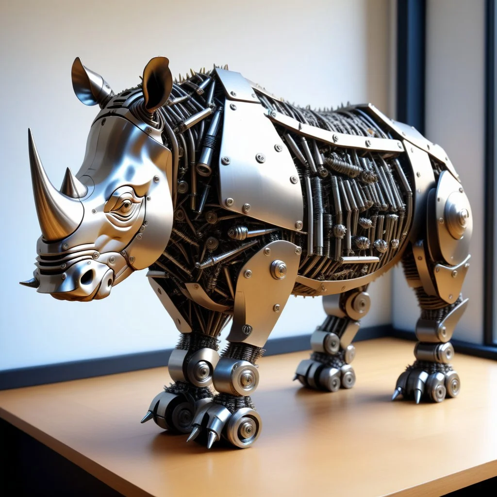 a rhino made out of Reused machinery parts and Screws, photorealistic, full of details, on an Office desk