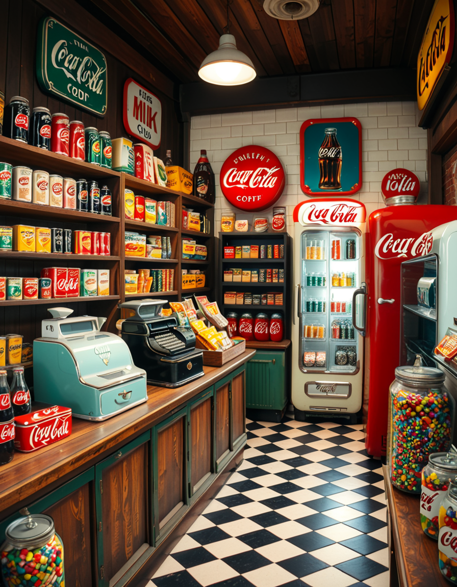 A vintage 1950s grocery store filled with nostalgic details. Wooden shelves neatly stocked with classic canned goods, glass soda bottles, and colorful retro packaging. An old-fashioned cash register sits on the wooden counter, next to a small scale for weighing produce. The checkered black-and-white tile floor adds to the mid-century charm, while hand-painted signs on the walls advertise milk, bread, and coffee in bold, retro fonts. A display of penny candy in glass jars sits near the entrance, and a vintage Coca-Cola refrigerator hums in the background. Soft, warm lighting casts a nostalgic glow over the scene, enhancing the rich textures of wood, glass, and metal, capturing the essence of a bygone era.
<lora:SDXLFaeTastic2400:0.4> <lora:extremely_detailed:0.4> extremely detailed
 <lora:1950s_grocery_st0r3:1>,1950s grocery st0r3, Masterpiece,best quality,hi res,8k,hi res,8k,award winning,(sharp focus, intricate, highly detailed),