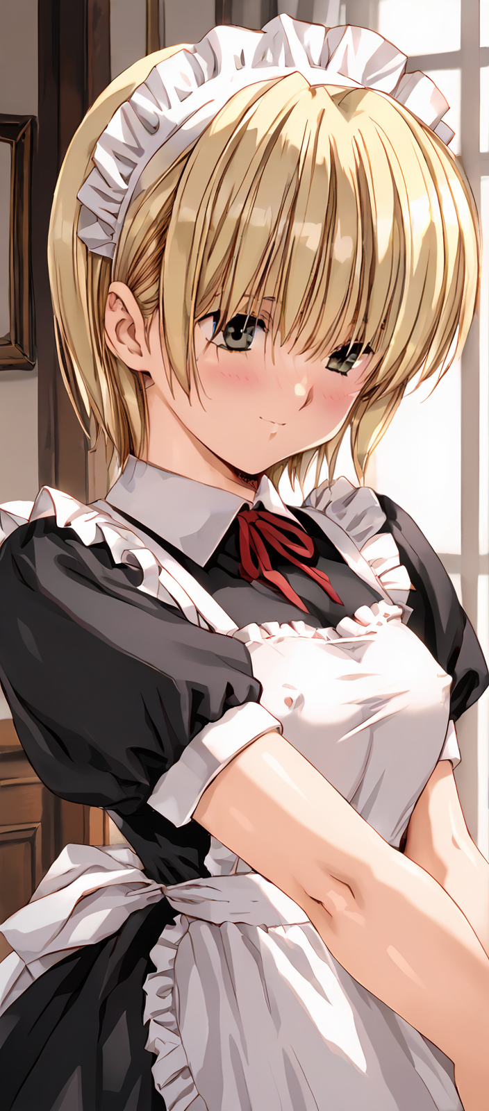 1girl, masterpiece, highres, high quality, source_anime,
score_9, score_8_up, score_7_up, score_6_up,
(mature female),
BREAK
indoors, seductive smile, smile, ((blush:1.5))
(covered nipples),
BREAK
nishino tsukasa,blonde hair,green eyes,short hair,
maid,white apron,maid headdress,red neck ribbon,black dress,frills,short sleeves<lora:Urushihara Satoshi_XL_PONY_V2:0.9>,<lora:Nishino_Tsukasa_v2:0.8>