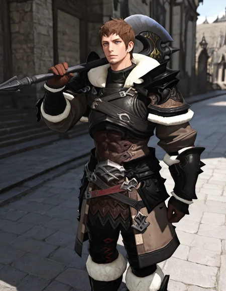 masterpiece, best quality, newest, perfect quality, best quality, detailed background, intricate details, male focus, realistic, solo, <lora:FFXIV - Ardbert Hylfyst - Illustrious-000008:0.7>, ardbert_ffxiv, 1boy, mature male, short hair, brown hair, blue eyes, goatee, fur-trimmed collar, fur-trimmed pauldrons, armor, fur-trimmed gloves, tassets, fur-trimmed boots, holding axe, axe on shoulder