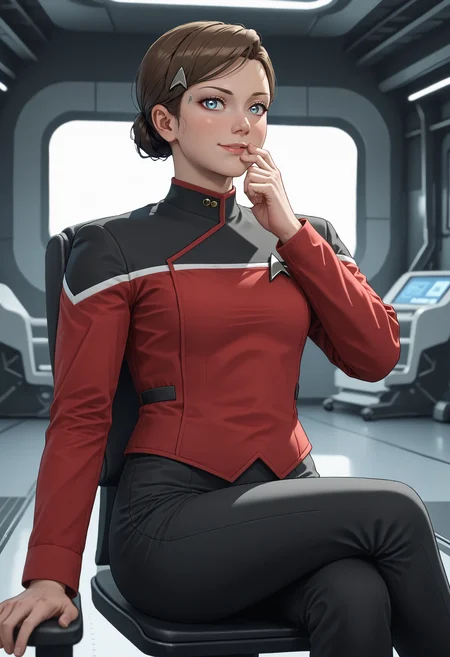 score_9, score_8_up, score_7_up, source_anime, light smile, thinking, dynamic pose, dynamic angle, glancing at viewer, sitting, hand on own chin, leg up, crossed legs, on swivel chair,
BREAK
<lora:KaraDBH:0.85> 1girl, short hair, brown hair, hair bun, single hair bun, blue eyes, lips, small breasts, (slim hips:1.1), (skinny:1.2), slender, athletic, vulcan ears,
BREAK
<lora:STTLPony:1> sttldunf star trek black and red uniform, black pants, (red top:1.1),
BREAK
<lora:zy_Detailed_Backgrounds_v1:1>, indoors, hangar, polished floor, science fiction, spacecraft interior, chair,
BREAK
volumetric lighting, depth of field, cinematic, vibrant, shadows, detailed, high contrast,âââ <lora:vivid_everclear:0.3>,âââ