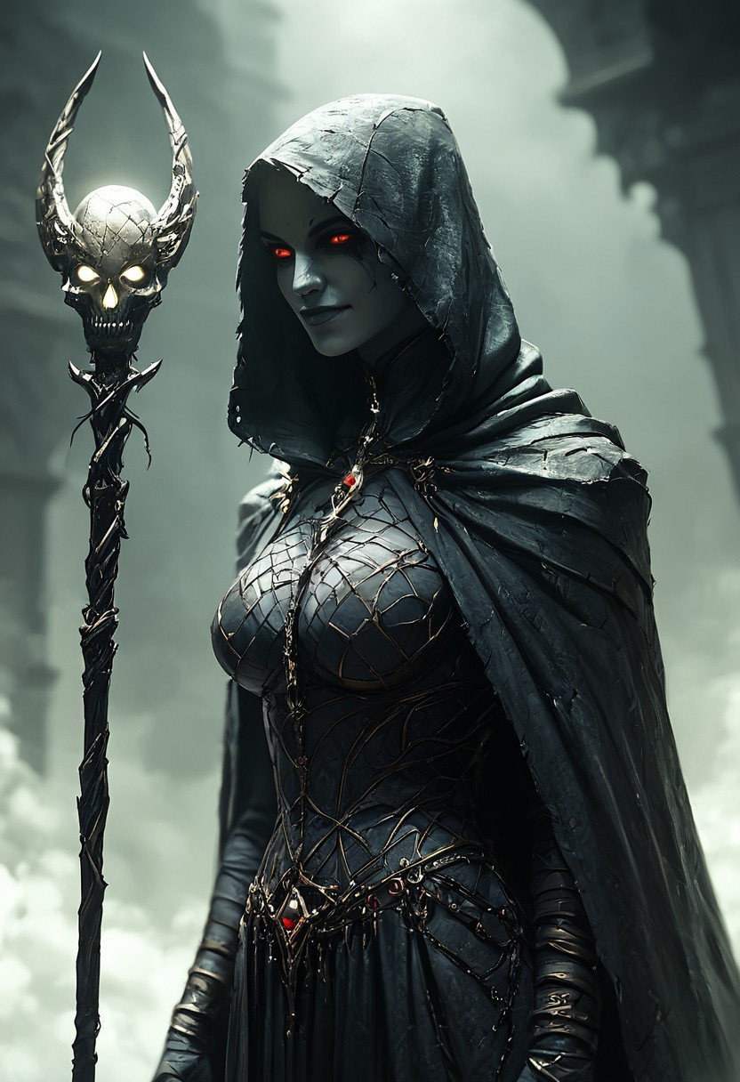 score_9, score_8_up, score_7_up, 1girl, grey skin, long black roots green dreadlocks hair, green hair, hood up, fishnet clothes, necromancer, curious looking, sardonic smile, hourglass body, large breasts, black iron scepter, holding a glowing skull, cemetery crypts background, dark theme, medium full shot, hkevil, embedding:easynegative:1.1, perfecteyes, Expressiveh, Hand, detailed, perfect, perfection, hands