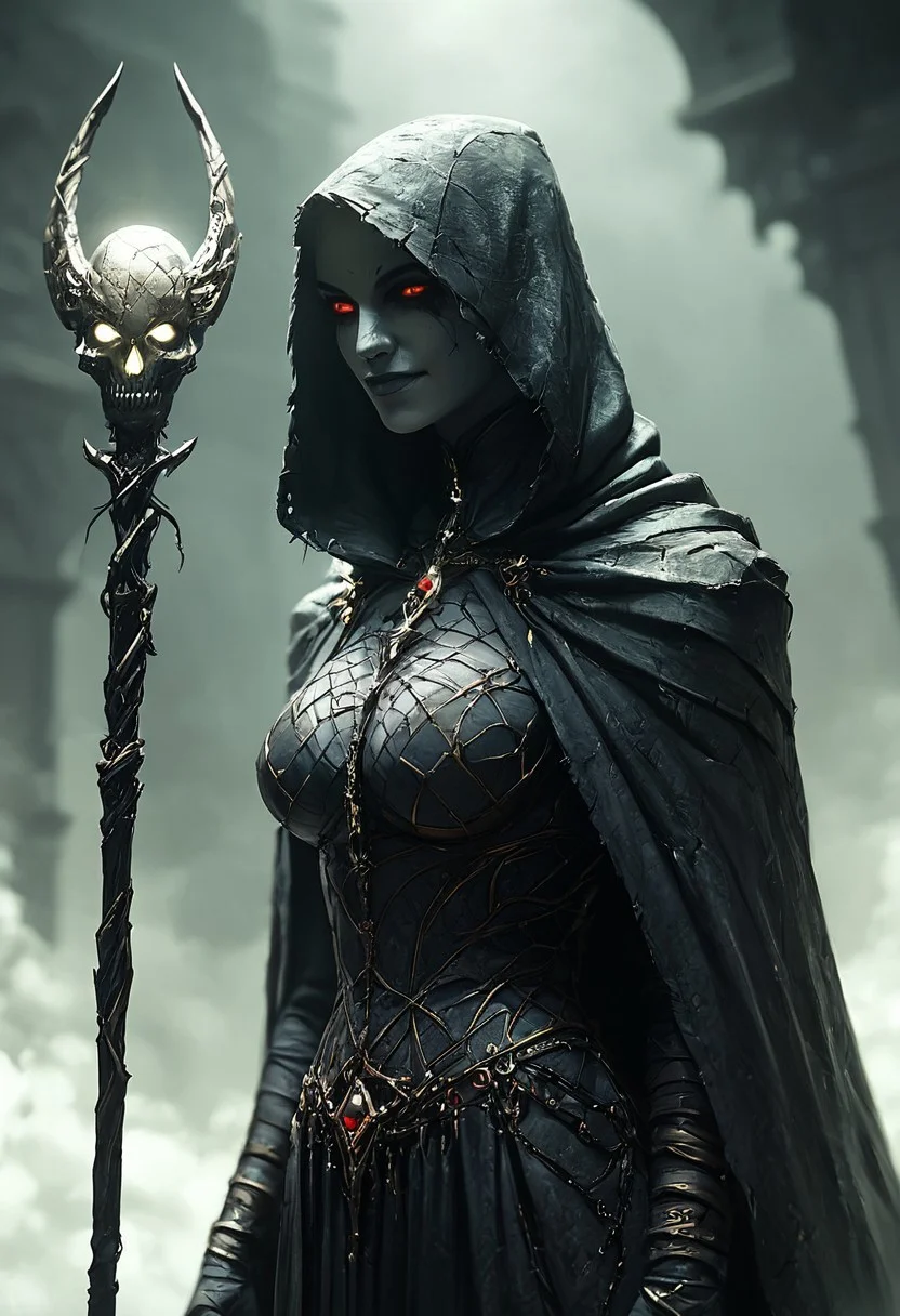 score_9, score_8_up, score_7_up, 1girl, grey skin, long black roots green dreadlocks hair, green hair, hood up, fishnet clothes, necromancer, curious looking, sardonic smile, hourglass body, large breasts, black iron scepter, holding a glowing skull, cemetery crypts background, dark theme, medium full shot, hkevil, embedding:easynegative:1.1, perfecteyes, Expressiveh, Hand, detailed, perfect, perfection, hands