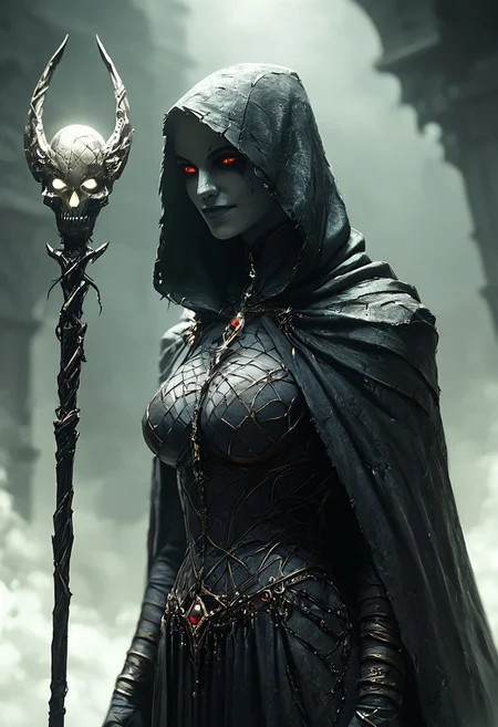 score_9, score_8_up, score_7_up, 1girl, grey skin, long black roots green dreadlocks hair, green hair, hood up, fishnet clothes, necromancer, curious looking, sardonic smile, hourglass body, large breasts, black iron scepter, holding a glowing skull, cemetery crypts background, dark theme, medium full shot, hkevil, embedding:easynegative:1.1, perfecteyes, Expressiveh, Hand, detailed, perfect, perfection, hands