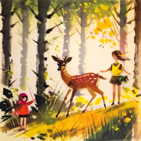 grabianski girl and deer in summer<lora:grabianski:1>