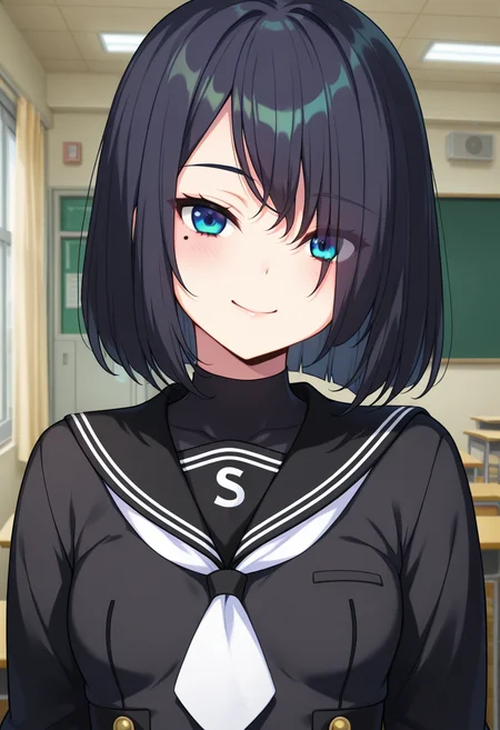 masterpiece, best quality, amazing quality, absurdres, 1girl, solo, (portrait:1.2), sakuraww, blue eyes, tsurime, black hair, medium hair, asymmetrical bangs, hair over eyes, mole under eye, small breasts, school uniform, black serafuku, black sailor collar, white neckerchief, black shirt, looking at viewer, smile, indoors, day, skindentation, detailed clothing folds, depth of field, sharp, high contrast, dynamic light <lora:Yukimoto_Sakura_Shinsou_Noise_ill:0.8>