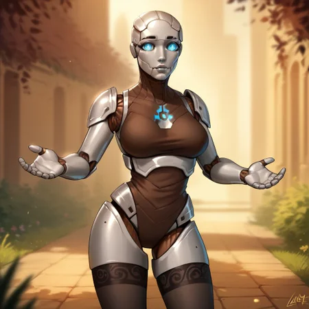 score_9, score_8_up, 8, score_7_up, score_6_up, ((masterpiece)), easynegative,
LomArtStyle,
warforged, metal body, robot, 1girl, blue eyes, white metal, black hinges, big breasts and hips, dynamic pose, stockings,
fantasy background, blurred background