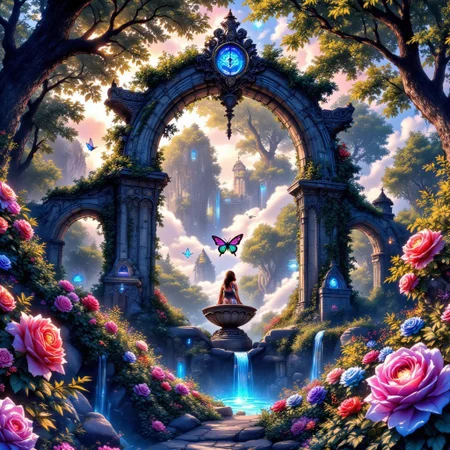 An enchanted butterfly rose garden at twilight, filled with bioluminescent flora and glowing roses with iridescent petals that shift between soft pastel hues. Vines with luminescent tendrils weave through an ancient stone archway, pulsing with faint ethereal light. Crystal-winged butterflies, their translucent wings reflecting delicate rainbow hues, flutter gracefully in the warm golden-hour glow. Fireflies drift lazily through the air, their soft flickering light illuminating the mist that swirls gently around an intricately carved stone fountain. In the distance, a hidden pathway winds through the overgrown foliage, leading deeper into the dreamlike sanctuary. The atmosphere is serene yet magical, with painterly soft brush strokes enhancing the scene's otherworldly beauty. The natural elements are detailed and organic, with richly textured ivy, delicate flower petals, and the ancient stonework appearing intricately weathered. Soft, diffused nature lighting bathes the garden, casting gentle shadows and highlights across the landscape. The air is filled with a faint, otherworldly shimmer, as if the very essence of the garden hums with unseen energy. Fantasy, dreamlike, painterly, magical realism, ethereal glow, intricate details, soft textures, nature-inspired beauty.
