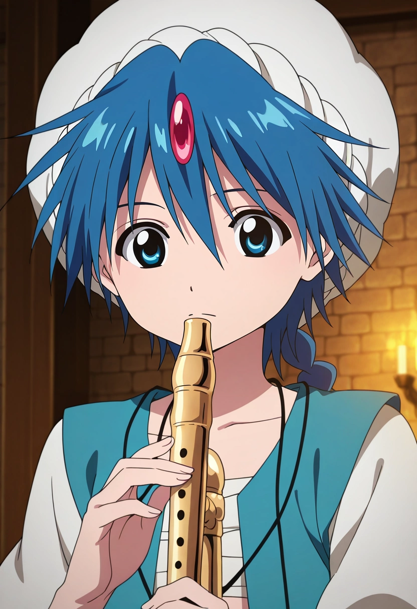 masterpiece, best quality, intricate details, anime screencap, anime coloring, , , 1boy, solo, male focus, <lora:aladdin_magi_ilxl:0.9>, aladdin_magi, blue hair, blue eyes, long hair, braid, single braid, turban, , vest, flute, , , hat, witch hat, ,