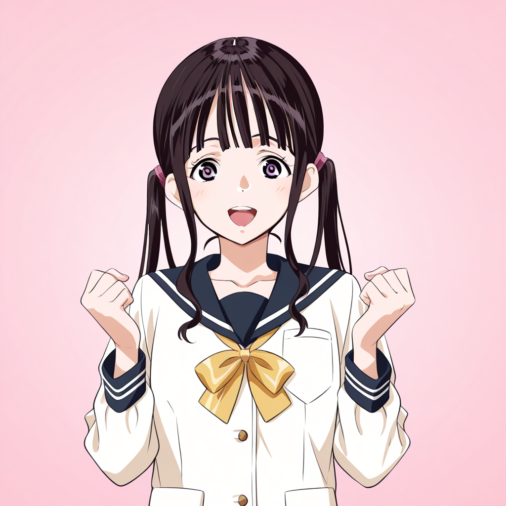 score_9, score_8_up, score_7_up, source_anime,(extremely detailed CG), (best quality), twintails,Smile,serafuku,
1girl, solo, brown hair, pink background, open mouth, purple eyes, long hair, simple background, upperbody,looking at viewer,kaede
 <lora:ss-brain:0.9>