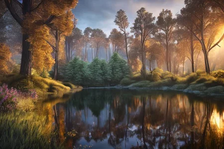 (masterpiece:1.2), (best quality,:1.2), 8k, HDR, ultra detailed, ((photorealistic)), professional light, cinematic lighting, fashion photography, ambient lighting, <lora:detail_slider_v4:3>,  a pond in the middle of a dark forest, <lora:FantasyForest-10:1>, epiCPhoto