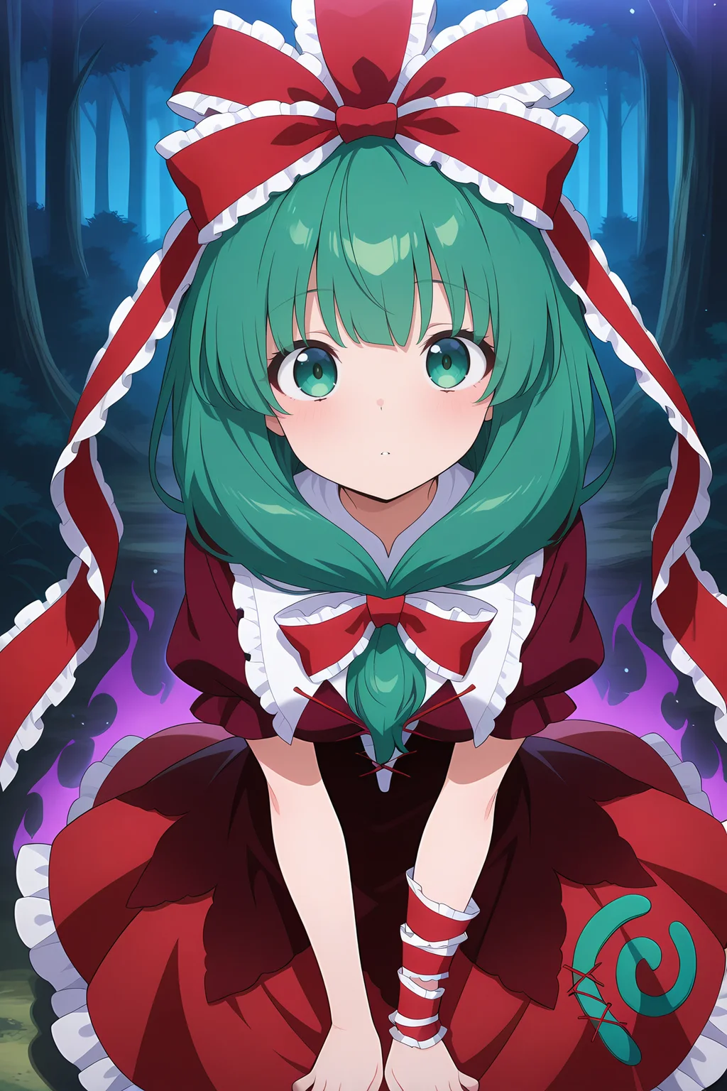 absurdres, highres, masterpiece, best quality, amazing quality, official anime artwork, screencap, anime screencap, outdoors, looking at viewer, forest,
<lora:Hina-Kagiyama_Illustrious:1> kagiyama hina, 1girl, solo, green eyes, green hair, long hair, front ponytail,, hair ribbon, red ribbon, lace trim, red dress, short sleeves, frilled skirt, dark aura, light particles, joint hands, misfortune, purple aura, purple ambient,
