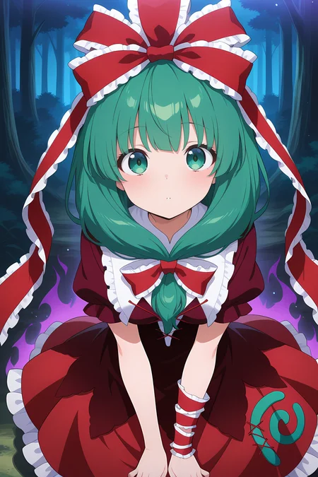 absurdres, highres, masterpiece, best quality, amazing quality, official anime artwork, screencap, anime screencap, outdoors, looking at viewer, forest, 
 <lora:Hina-Kagiyama_Illustrious:1> kagiyama hina, 1girl, solo, green eyes, green hair, long hair, front ponytail,, hair ribbon, red ribbon, lace trim, red dress, short sleeves, frilled skirt, dark aura, light particles, joint hands, misfortune, purple aura, purple ambient,
