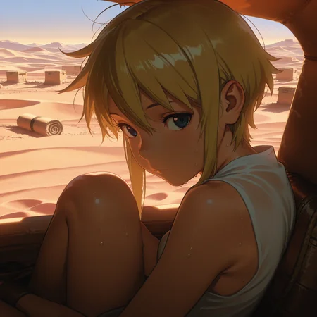 HDR, 8K, high contrast, masterpiece, best quality, amazing quality, very aesthetic, high resolution, ultra-detailed, absurdres, newest, dappled light, cinematic lighting, Negative, (takamichi:0.5), (ilya kuvshinov:0.5),
 <lora:Magi_Leila_Illustrious:1> L3ila, 1girl, Blonde Hair, Short Hair, Blue Eyes, Sidelocks, resting, desert, shade, bolder, sitting, sweaty, looking at viewer,
