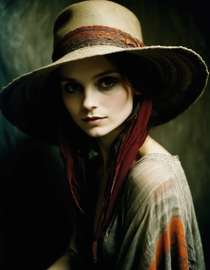 an underexposed photograph by dave mckean of a bohemian woman looking like jaynexl4 posing wearing a hat