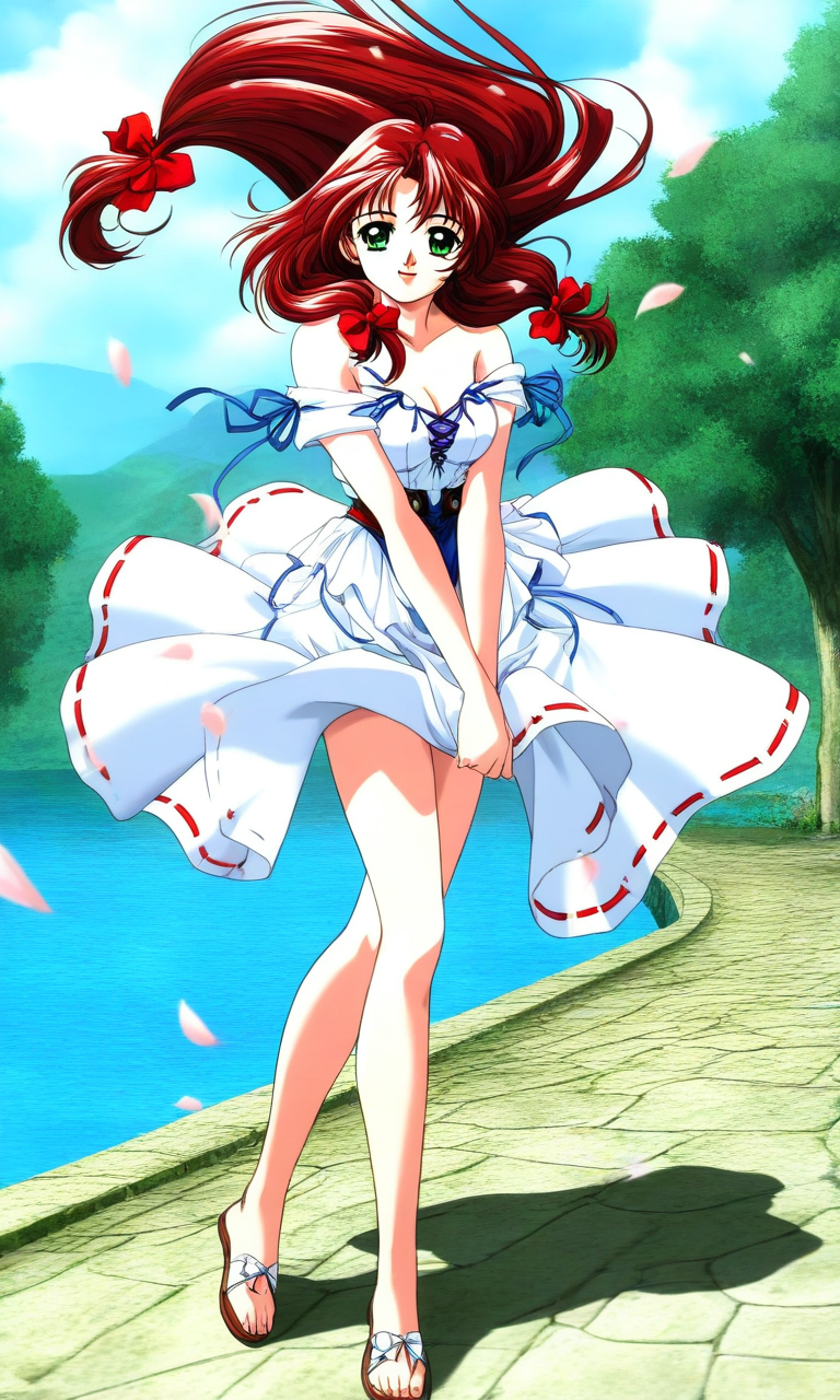 general,highres, ultra-detailed,very aesthetic,best quality ,best hands, BREAK <lora:Mew_words_worth_IS:1>anime coloring, anime_screencap, 
Mew(words_worth), 1girl, solo, green eyes, red hair, long hair, ribbon, hair ribbon, breasts,
water, barefoot, outdoors, white dress, day, sandals, wind, feet, tree, cleavage, hair ornament, smile, petals, legs, looking at viewer, bow, sky, bare shoulders, 1990s (style), hair bow, retro artstyle, ribbon trim